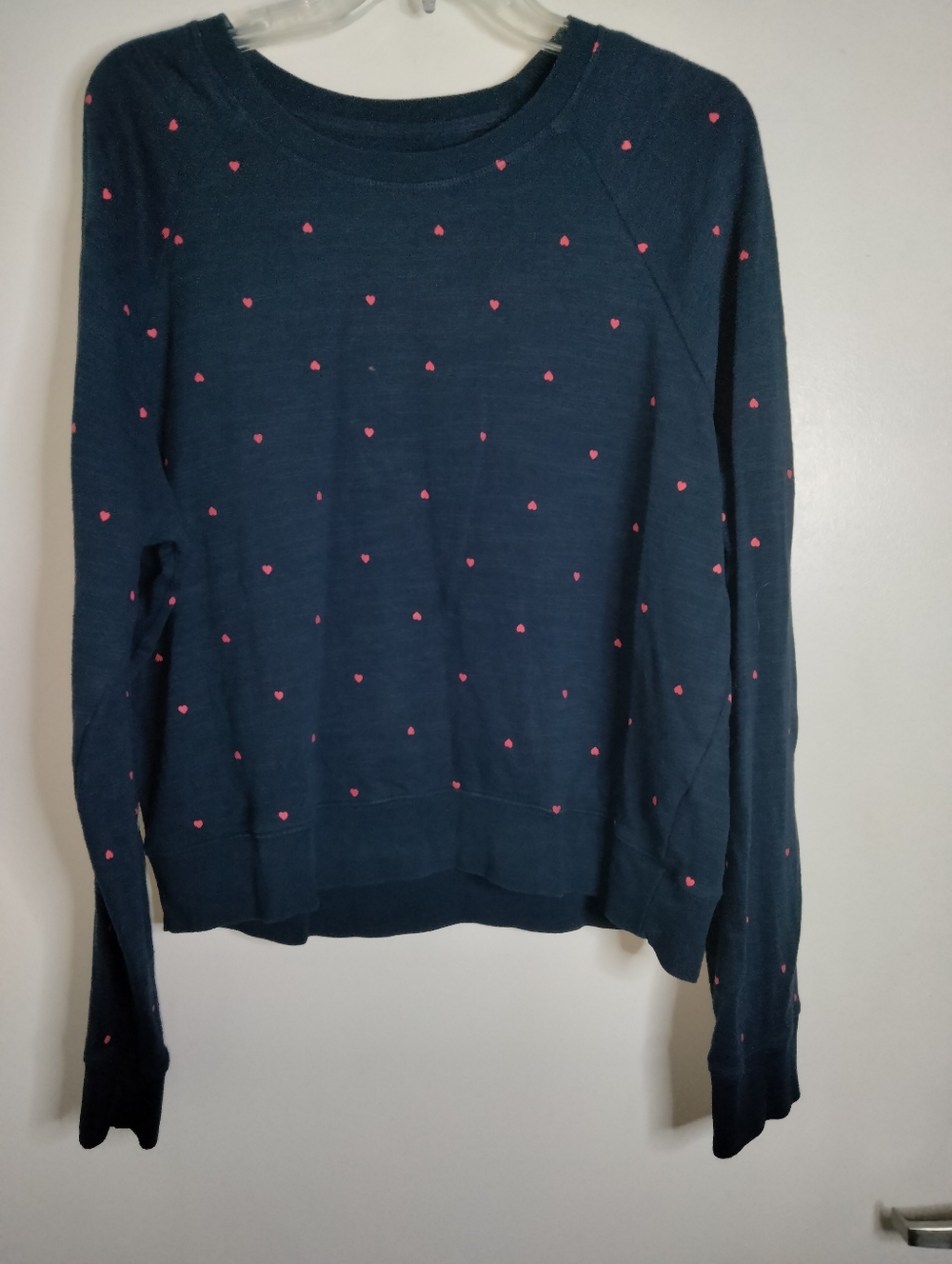 J. Crew Vintage Fleece (Size L) Navy & Pink Hearts Cotton Crewneck LS Sweater